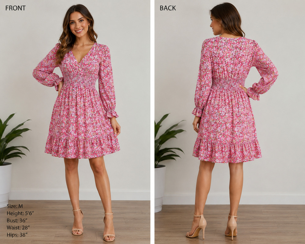 Noracora Women's M Pink Floral Smocked Empire Waist Midi Dress Boho Cottagecore